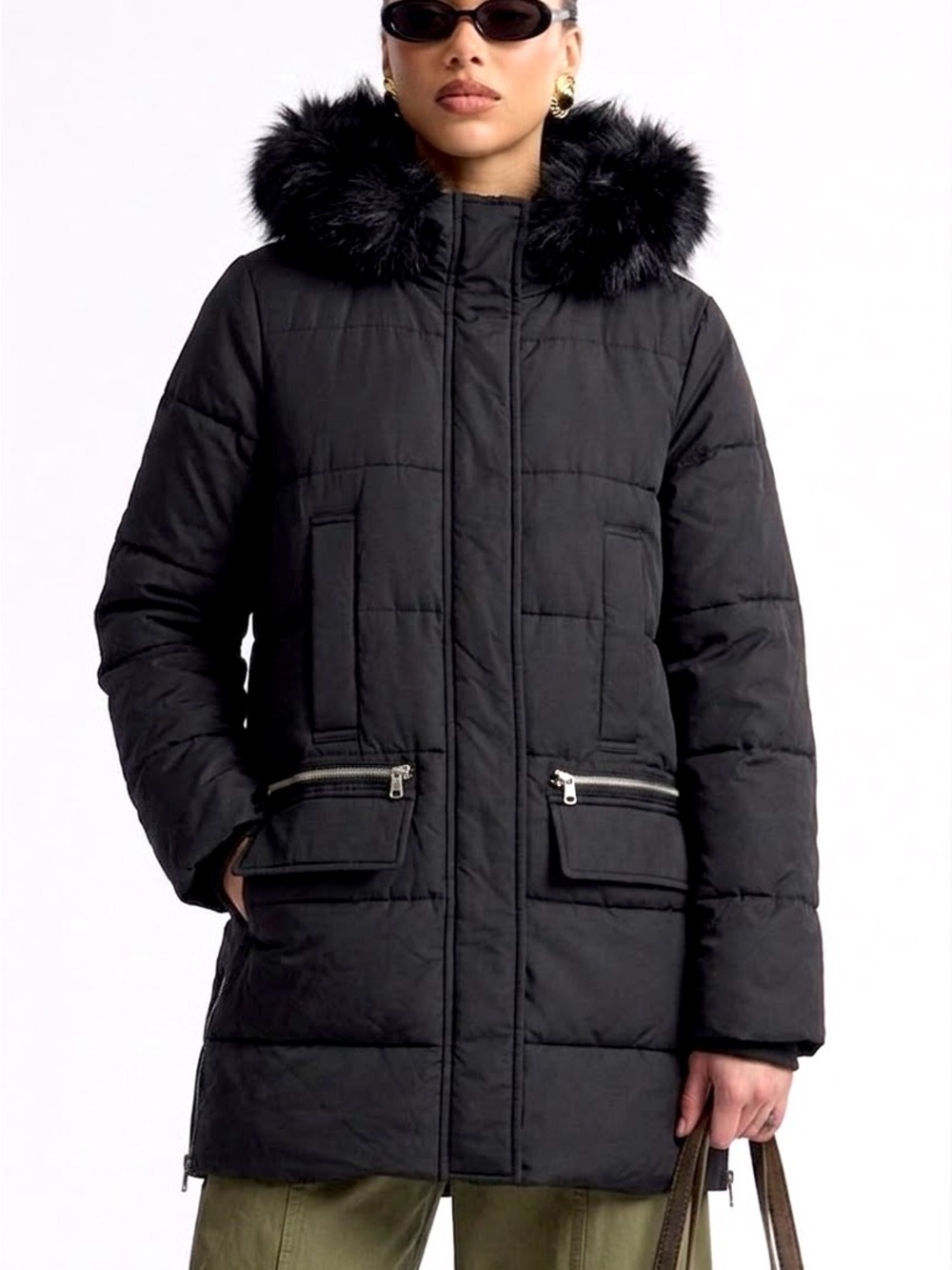 Abercrombie & Fitch Puffer Long Coat Womens Size Small Black Faux Fur Hood Parka